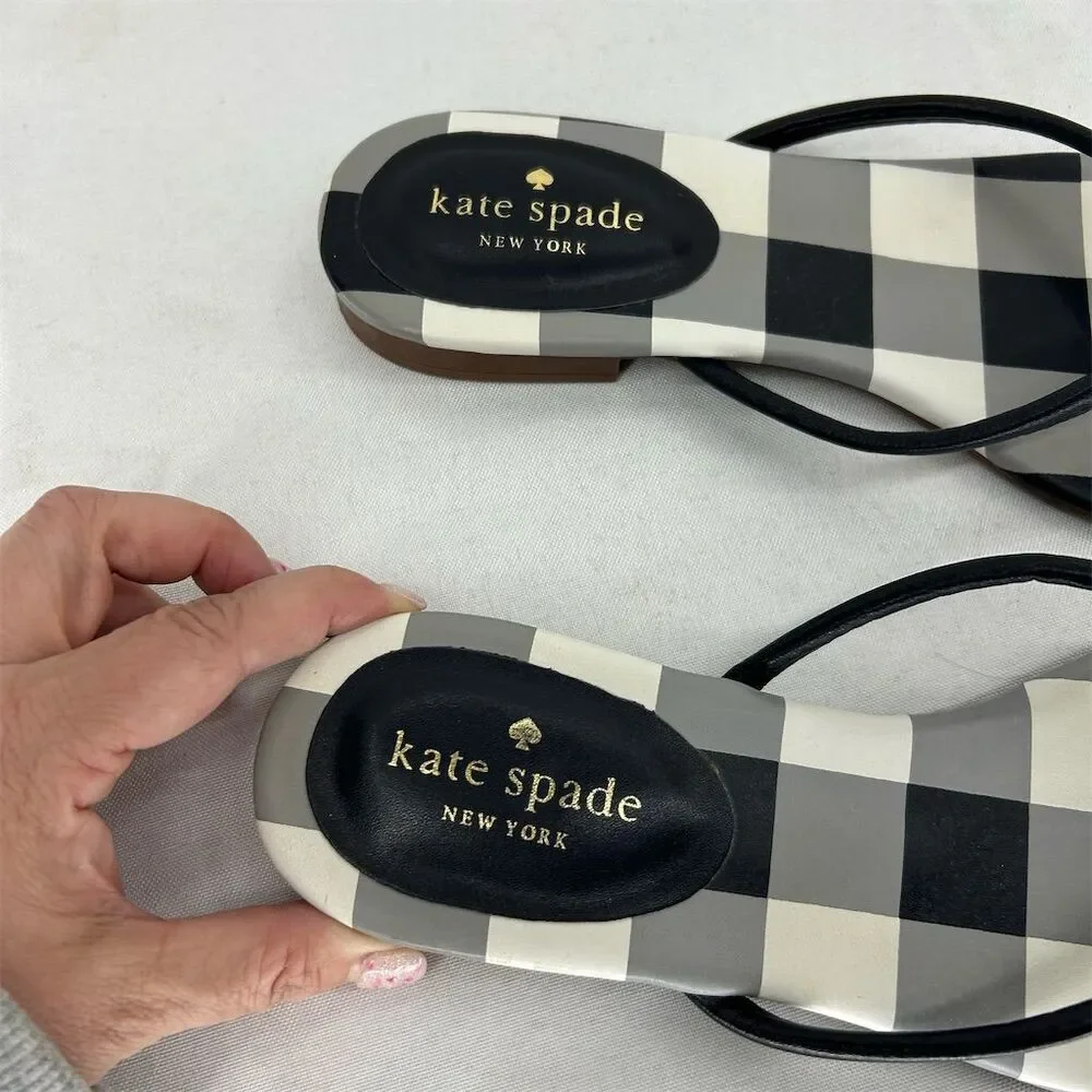 Kate Spade NY Black Gingham Check Bow Strappy Sandals Leather Women's 8.5 - Picture 2 of 6